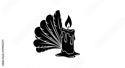 A black and white illustration of a lit candle with dripping wax next to a fan of feathers.