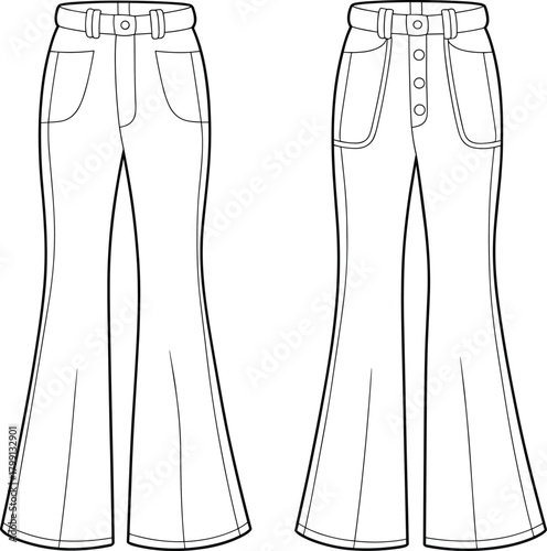 PrintWomen flared pants fashion flat sketch, bell bottom trousers vector, stylish jeans design template, technical clothing illustration for designers