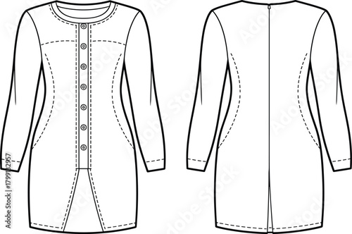 PrintWomen long sleeve buttoned tunic technical flat sketch, elegant fashion clothing design template with front and back view illustration