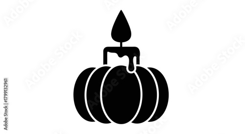 A black silhouette of a carved pumpkin with a lit candle on top.