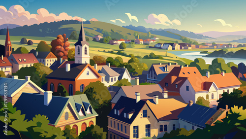 Very beautiful panoramic view of rooftops in a residential area of Lambertville, New Jersey, capturing charming homes, rolling greenery, and a peaceful small-town atmosphere under soft daylight.