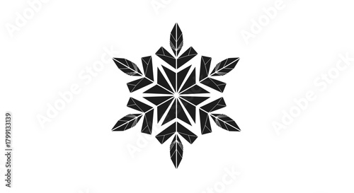 A black snowflake-like geometric pattern with leaf-like accents on a white background.