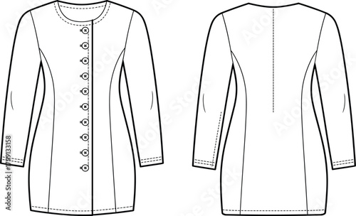 PrintWomen long sleeve tunic top flat sketch, button front blouse fashion design template with technical drawing front and back view
