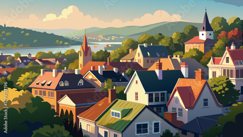 Very beautiful panoramic view of rooftops in a residential area of Lambertville, New Jersey, capturing charming homes, rolling greenery, and a peaceful small-town atmosphere under soft daylight.