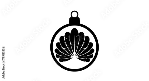 A black and white graphic illustration of a Christmas ornament with a feather design inside.