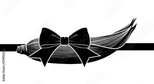 A black and white illustration of a broomstick with a bow tied around it, resting on a horizontal line.