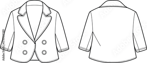 PrintWomen’s double breasted blazer technical flat sketch, front and back view, fashion vector illustration, stylish formal jacket design template