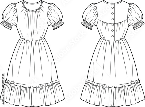 PrintWomen’s puff sleeve midi dress front and back view, vintage fashion clothing design template, elegant apparel vector illustration mockup