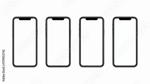 Four modern smartphone mockups with blank white screens displayed in a row, ideal for app ui/ux design showcase projects.