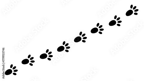 Simple black animal paw prints creating a diagonal trail on a clean white background, depicting movement, path, and progress concept.