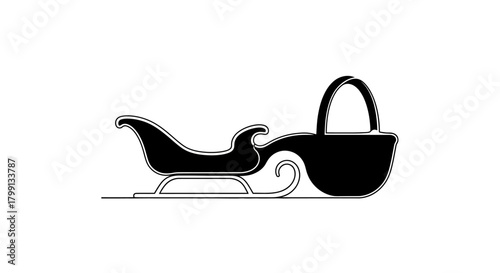 A black silhouette of a sleigh with a basket attached, on a white background.