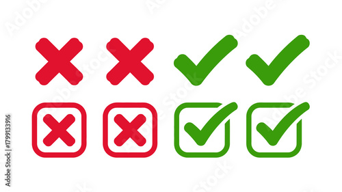 Green check marks and red cross icons set, depicting approval, rejection, correctness, and error for multiple applications.