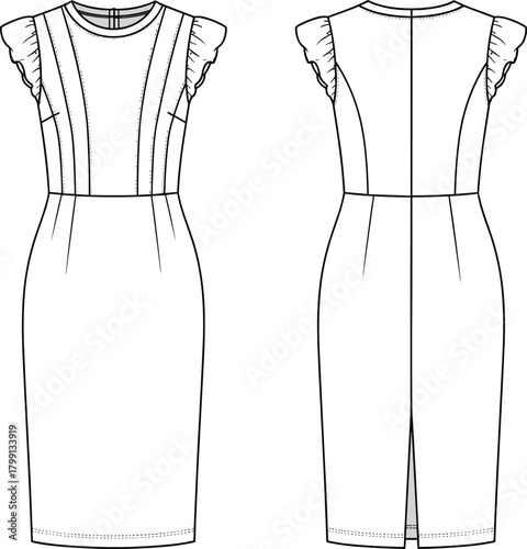 PrintWomen’s sleeveless pencil dress with ruffle details, elegant fashion design flat sketch, fitted office dress front and back view template