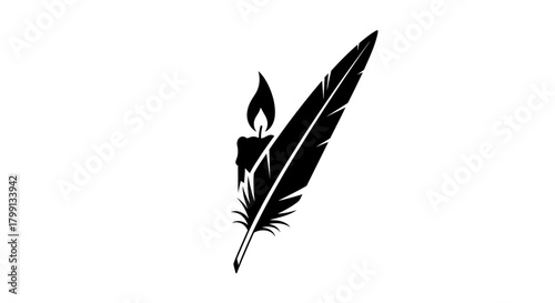 A black silhouette of a lit candle next to a quill pen on a white background.