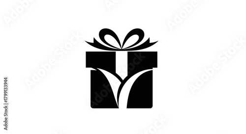 A minimalist black and white graphic of a gift box with a ribbon and a stylized leaf design.