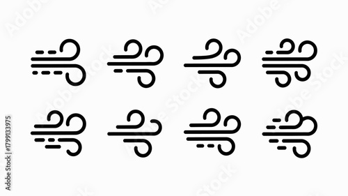 Wind vector icon set with various air flow symbols. collection of dynamic weather forecast elements for digital design.
