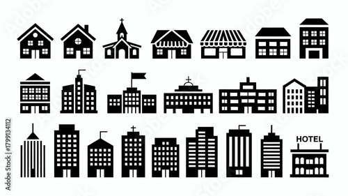 Urban and suburban buildings icon set: houses, shops, churches, offices, skyscrapers, hotels in clean black silhouette graphics.