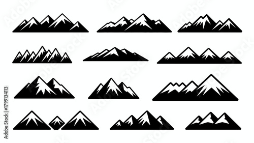 Collection of diverse mountain peak silhouette icons with snowcaps, ideal for outdoor adventure, travel, and nature designs