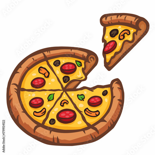 A delicious cartoon pizza illustration with a separate slice, topped with pepperoni, mushrooms, olives, and fresh herbs. Perfect for food themes, restaurant promotions, menus, delivery services, or cu