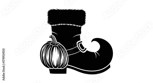 A black silhouette of a whimsical elf boot with a curled toe, adorned with a fluffy trim, stands next to a plump pumpkin.