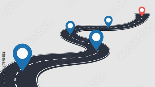Winding road with multiple blue location pins leading to a red destination marker, symbolizing a strategic journey