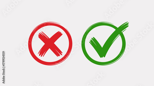 A red cross mark and a green checkmark symbol with a hand-drawn brushstroke style, isolated on a clean white background.