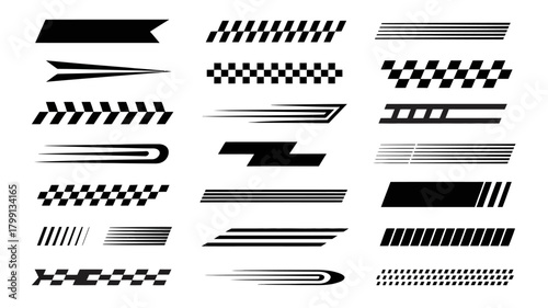 Dynamic racing stripes and speed lines vector set, featuring checkered flag patterns perfect for automotive and sports graphics