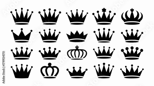 Collection of black crown icons representing royalty, power, success, victory, and leadership on a clean white background.
