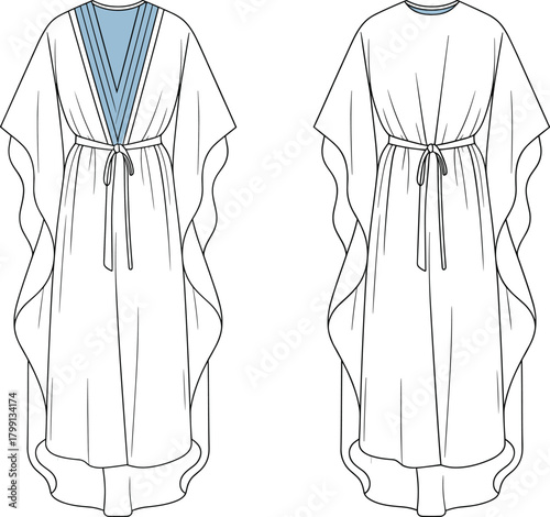 PrintWomen's long kimono dress fashion flat sketch, front and back view, V-neck belted robe, flowy sleeve garment illustration template.