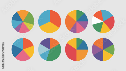 Colorful pie chart collection displaying various data distributions, percentages, and statistical analysis visuals.