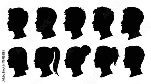 Diverse collection of human head silhouettes in profile view, showcasing a variety of hairstyles for men and women