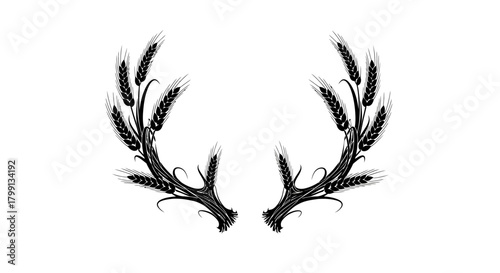 A black and white illustration of two wheat stalks forming a wreath on a white background.