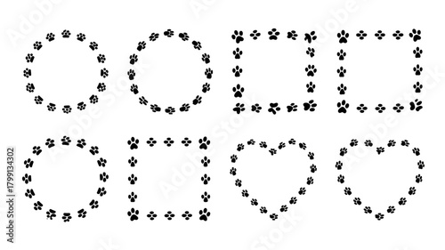Black paw print frames and borders collection. animal foot tracks in circular, square, and heart shapes for pet designs and decor.