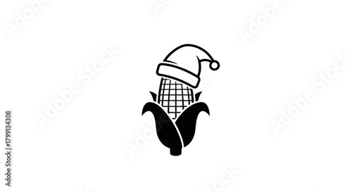 A black and white illustration of a corn cob wearing a Santa hat, symbolizing a festive holiday theme.