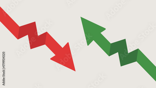 Red downward zigzag arrow and green upward zigzag arrow symbolizing financial market trends, economic fluctuations, and data analysis.