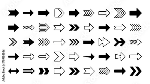 Modern set of diverse arrow icons, various styles and shapes for direction, navigation, ui, progress, and indicators.