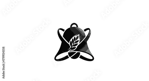 A black and white illustration of a bell with a leaf and acorn inside, symbolizing nature and sound.