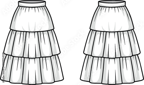 PrintWomen's tiered long skirt vector template, front and back view, layered ruffle design, fashion flat sketch, elegant clothing illustration.