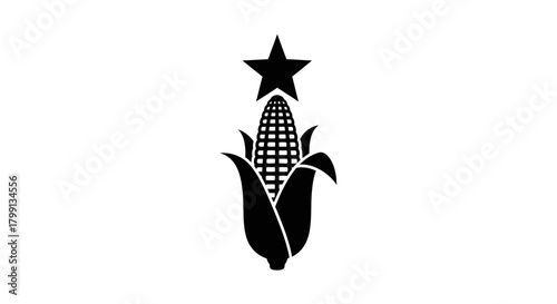A black and white illustration of a corn cob with a star on top, symbolizing agriculture and growth.