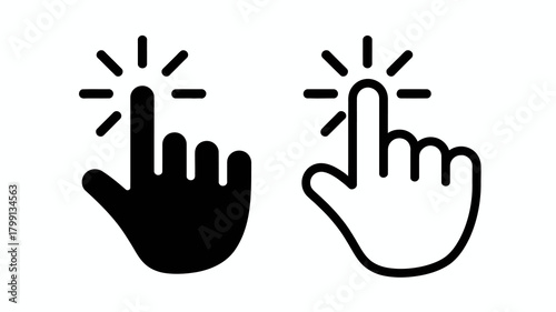 Click hand cursor icon set, pointer finger tapping or pressing button, website navigation and interaction symbol and concept.