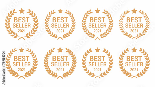 Best seller 2021 award gold badges vector set. product label or emblem with laurel wreath and star design for e-commerce promotion