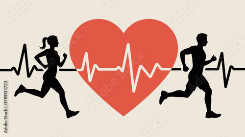Running man and woman with heart and ekg line, illustrating cardiovascular fitness, health, and an active lifestyle