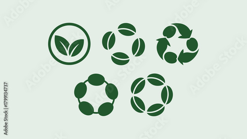 Sustainable living icons set: organic leaves, coffee beans, and recycling symbols, representing natural products and ecology.