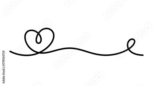 Minimalist continuous line drawing of a heart shape with an elegant wavy trail, symbolizing love, connection, and simplicity.