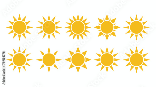 Collection of ten stylized sun icons in varying shapes and ray patterns, symbolizing warmth, summer, and bright weather