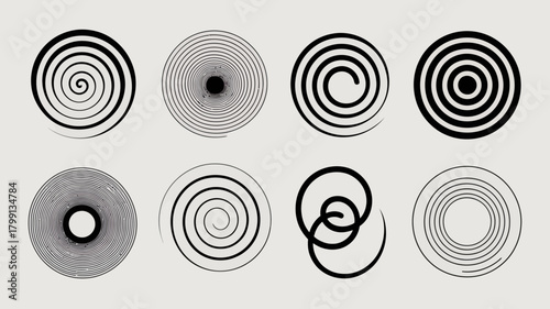Set of geometric spiral and concentric circle designs in black and white, depicting motion, hypnosis, and abstract patterns