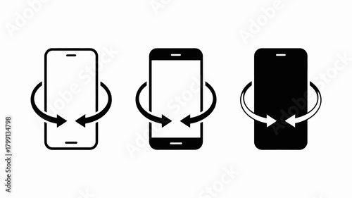 Smartphone screen rotation icon set with three distinct styles, illustrating mobile device orientation change for user interface design