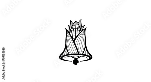 A black and white illustration of a corn cob shaped like a bell with a clapper.