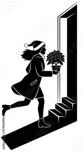 Silhouette of a woman in a Santa hat running up stairs with a poinsettia plant.