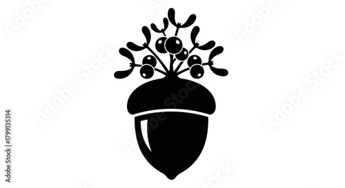 A stylized black and white illustration of an acorn topped with mistletoe.
